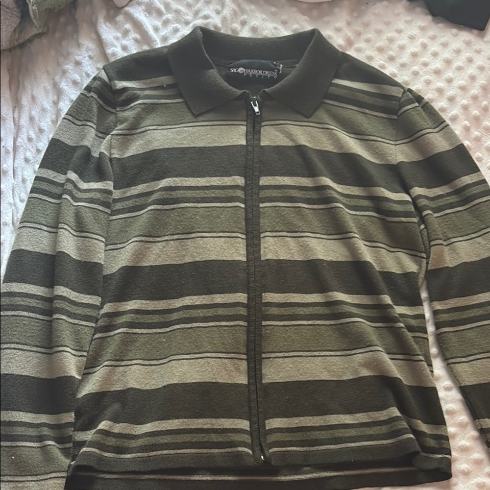 Sag Harbor Striped Sweater Cardigan - Black and Green